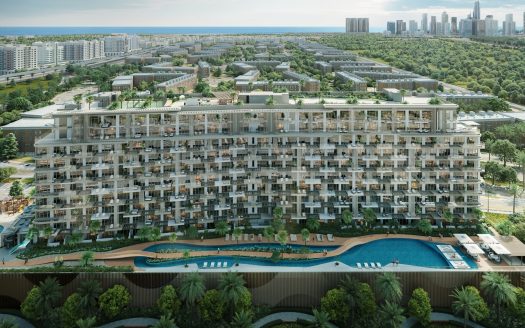 Vue aérienne d'un grand complexe de villas modernes à Dubaï avec de vastes balcons, entouré d'espaces verts et d'une piscine, avec une ligne d'horizon de la ville en arrière-plan.