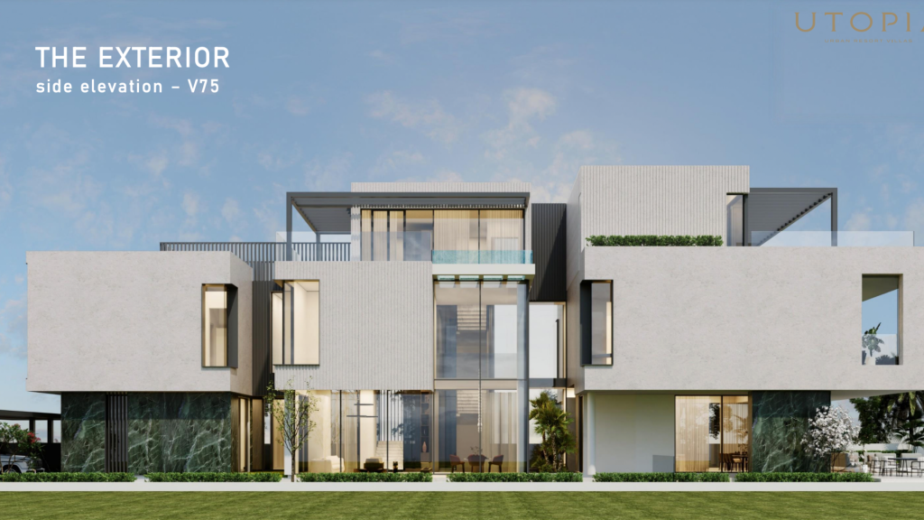 Une villa moderne et luxueuse de deux étages à Dubaï avec de grandes fenêtres, des balcons et des murs extérieurs rehaussés de marbre. Cour avant paysagée sous un ciel dégagé, étiquetée "L'élévation latérale EXTÉRIEURE - V75" avec un logo "UTOPI" dans le coin.