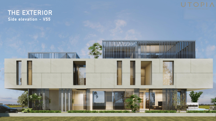 Rendu architectural d&#039;une maison moderne labellisée « l&#039;élévation latérale extérieure - v55 » avec le branding utopia par une agence immobilière de Dubaï, comprenant un bâtiment à plusieurs étages avec de grandes fenêtres,