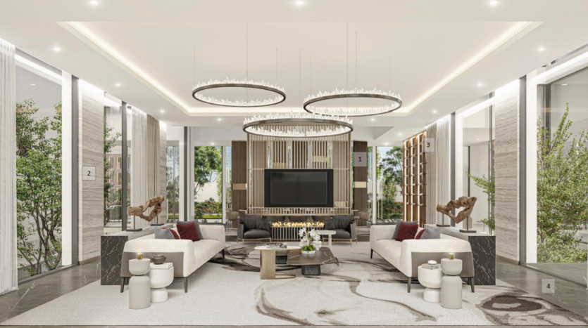 Un luxueux salon moderne dans une villa à Dubaï comprenant deux canapés blancs, une cheminée centrale, des lustres élégants et des jardins verticaux sur les murs latéraux, avec un tapis décoratif aux tons neutres.