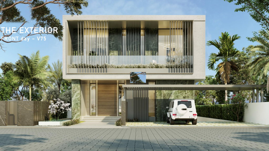 Maison moderne à deux étages avec de grandes fenêtres et des accents en bois, idéale pour investir à Dubaï, entourée de palmiers luxuriants, avec une camionnette blanche garée dans l'allée sous un ciel ensoleillé.