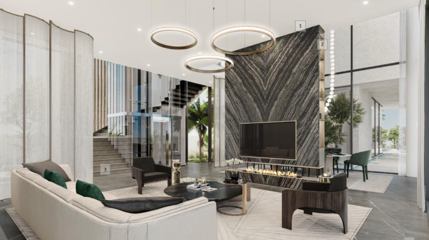 Salon moderne au design minimaliste, doté d&#039;un mur en marbre noir avec cheminée intégrée, d&#039;un escalier élégant, de suspensions circulaires et de grandes fenêtres donnant sur une piscine dans une villa exclusive à Dubaï.