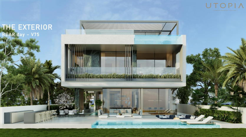 Une villa moderne et luxueuse à Dubaï avec de vastes murs de verre, des balcons avec des plantes luxuriantes et un jardin avec piscine, entouré de feuillage tropical sous un ciel bleu clair.