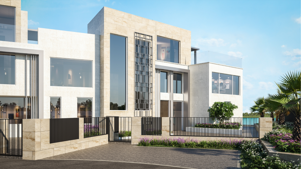 Maisons de luxe modernes dotées de grandes fenêtres, de façades en béton et en pierre, entourées d&#039;un aménagement paysager luxuriant et d&#039;un ciel bleu, parfaites pour investir à Dubaï.