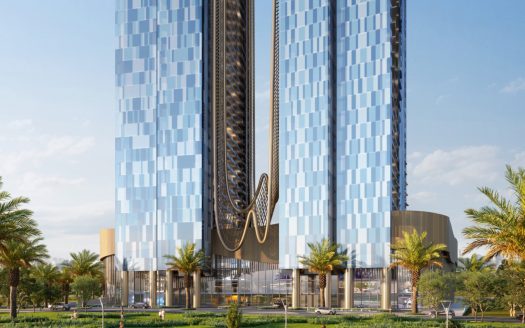 Gratte-ciel moderne avec une façade en verre bleu réfléchissant et un design incurvé unique, situé à Dubaï, entouré d&#039;une verdure luxuriante et de palmiers sous un ciel clair.