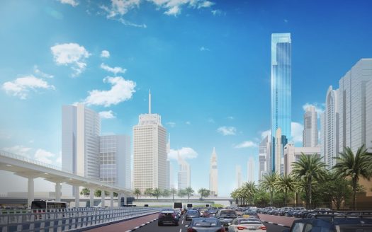 Paysage urbain moderne avec des gratte-ciel sous un ciel bleu clair, une circulation dense sur une route principale, des palmiers au premier plan et une ligne de métro surélevée à gauche. Idéal pour vitrine via une agence immobilière Dubaï.