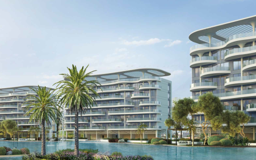 Rendu architectural d&#039;un complexe résidentiel moderne en bord de mer à Dubaï avec des bâtiments incurvés à plusieurs étages, entourés de palmiers luxuriants et de jardins paysagers.