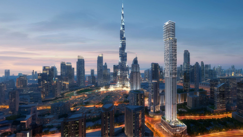 Vista panorámica de una ciudad moderna al atardecer, en la que destacan altos rascacielos con ventanas iluminadas y un cielo vibrante en tonos mezclados de azul y naranja. Ideal para los interesados en el sector inmobiliario de Dubai.