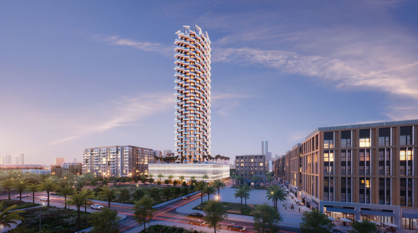 A futuristic skyscraper with unique offset balconies dominates a modern cityscape in Dubai, with lush trees, illuminated buildings and a reflecting pool at dusk.