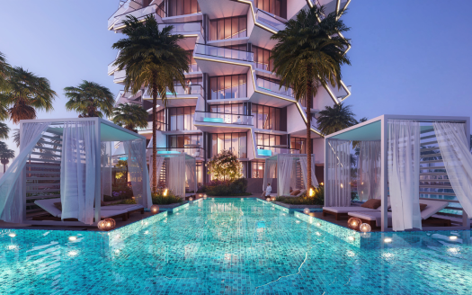 Piscine luxueuse de l&#039;hôtel au crépuscule avec des cabanes éclairées et une villa moderne et géométrique à Dubaï en arrière-plan, se reflétant sur l&#039;eau turquoise scintillante.