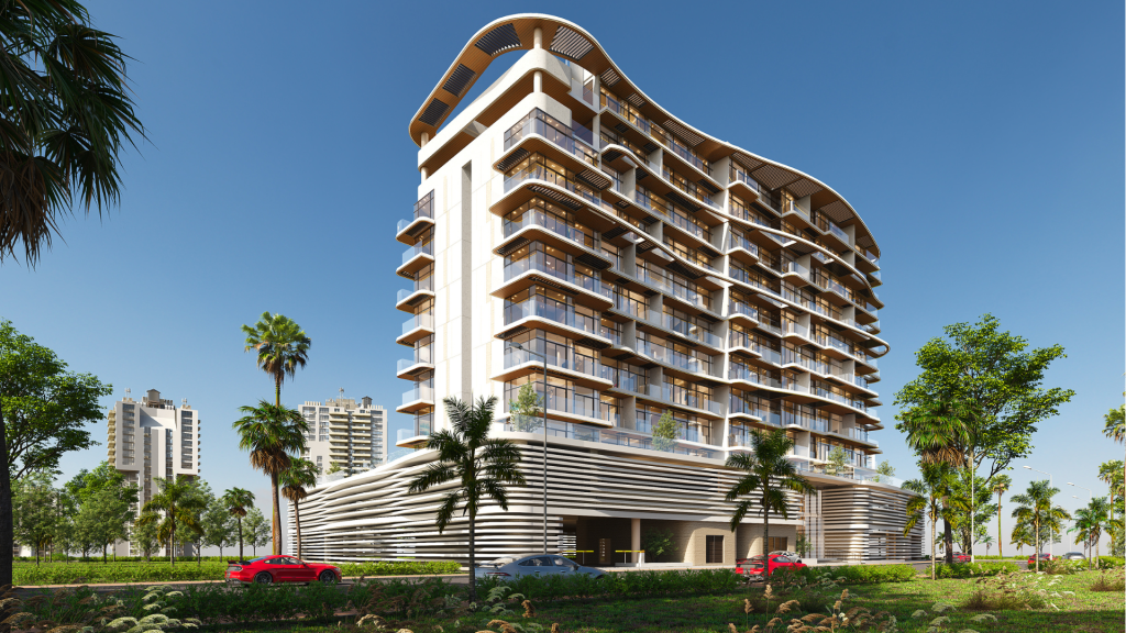 Bâtiment moderne de plusieurs étages avec des balcons incurvés et des rayures horizontales, entouré d'une verdure luxuriante et de palmiers, avec des voitures garées devant sous un ciel bleu clair, cette structure rappelle de manière unique une villa de Dubaï.