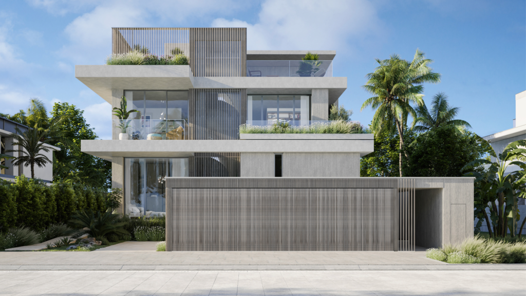 Villa moderne à plusieurs niveaux à Dubaï avec un design géométrique, comportant des éléments en béton et en verre, entourée de palmiers sous un ciel bleu clair.