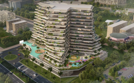 Représentation artistique d&#039;une grande villa moderne à plusieurs niveaux à Dubaï entourée d&#039;une verdure luxuriante, comprenant des terrasses avec jardins, un espace piscine et des parcs adjacents.