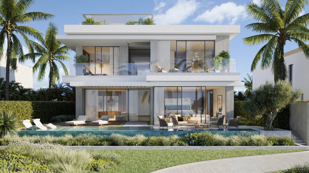 Une villa moderne de deux étages à Dubaï avec de grandes baies vitrées et des balcons, entourée de palmiers et d'un jardin luxuriant. Il dispose d'une piscine en face avec des chaises longues à côté.