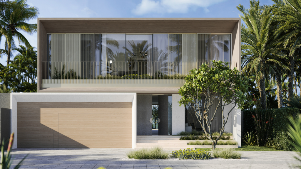 Une villa moderne de deux étages à Dubaï avec de grandes fenêtres, entourée de plantes tropicales luxuriantes, dotée d'un balcon à l'étage supérieur et d'un garage sur la gauche.