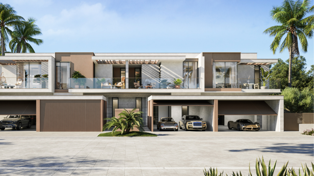 Une villa moderne et luxueuse sur deux étages à Dubaï avec de grandes fenêtres, des balcons et un garage pour quatre voitures, entourée de palmiers sous un ciel bleu clair.