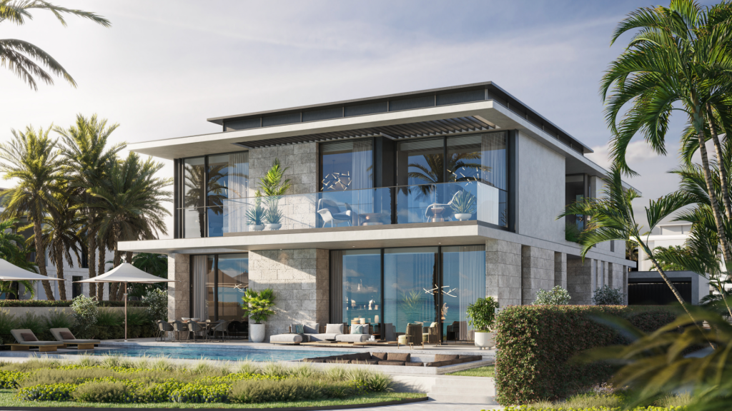 Une villa moderne en bord de mer à Dubaï avec de grandes fenêtres en verre, un vaste patio et une piscine extérieure entourée de palmiers sous un ciel dégagé.