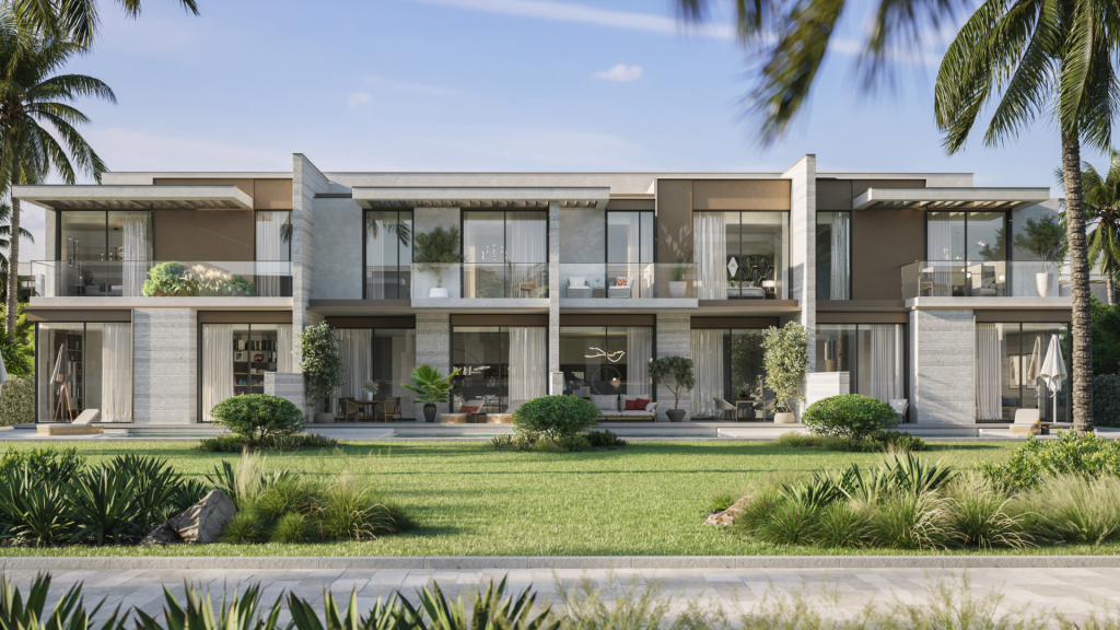 Villa moderne de deux étages à Dubaï avec de grandes fenêtres en verre, entourée d'une verdure luxuriante et de palmiers, dotée d'une pelouse soigneusement taillée et de coins salons extérieurs.