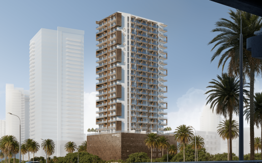 Rendu numérique d&#039;un appartement moderne de grande hauteur à Dubaï avec plusieurs balcons, entouré de palmiers sous un ciel bleu clair dans un cadre urbain.