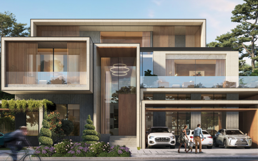 Villa moderne de Dubaï avec de grandes fenêtres, un balcon et une cour avant paysagée. Une famille se tient à côté de deux voitures garées dans l’allée et un cycliste passe dans la rue.