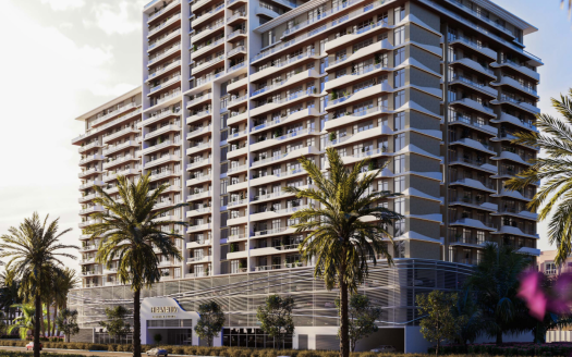 Immeubles résidentiels modernes de grande hauteur à Dubaï avec des palmiers et un ciel dégagé, présentant un mélange d&#039;éléments de design urbain et tropical avec un ensoleillement important.