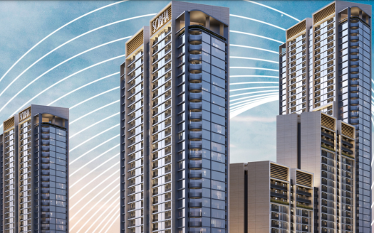 Trois grands gratte-ciel modernes dotés de fenêtres réfléchissantes sous un ciel bleu clair, entourés de poutres circulaires blanches stylisées suggérant une connectivité ou un réseau, représentant l'architecture innovante vue dans les immeubles d'appartements de Dubaï.