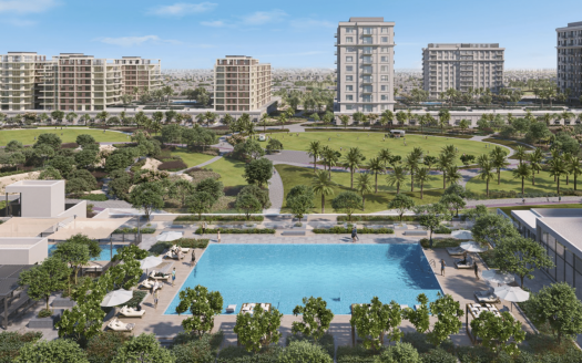 Un complexe résidentiel luxueux à Dubaï comprenant une grande piscine entourée de chaises longues et de parasols, des jardins verdoyants et plusieurs immeubles d'appartements de hauteur moyenne en arrière-plan. Un parc bien entretenu avec des sentiers pédestres et des palmiers est visible au-delà de la piscine. Parfait pour ceux qui recherchent des options immobilières haut de gamme à Dubaï.