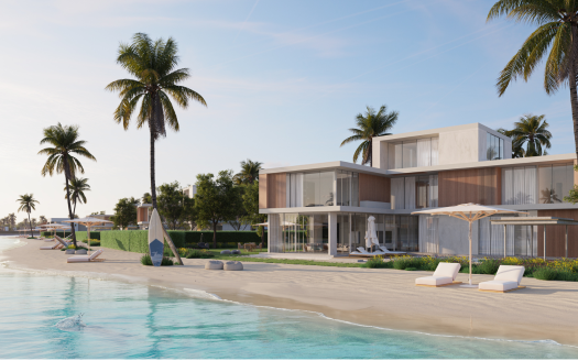 Villas modernes en bord de mer à Dubaï avec de grandes fenêtres vitrées donnant sur une plage tropicale avec des palmiers, des chaises longues et des eaux bleues calmes sous un ciel clair.