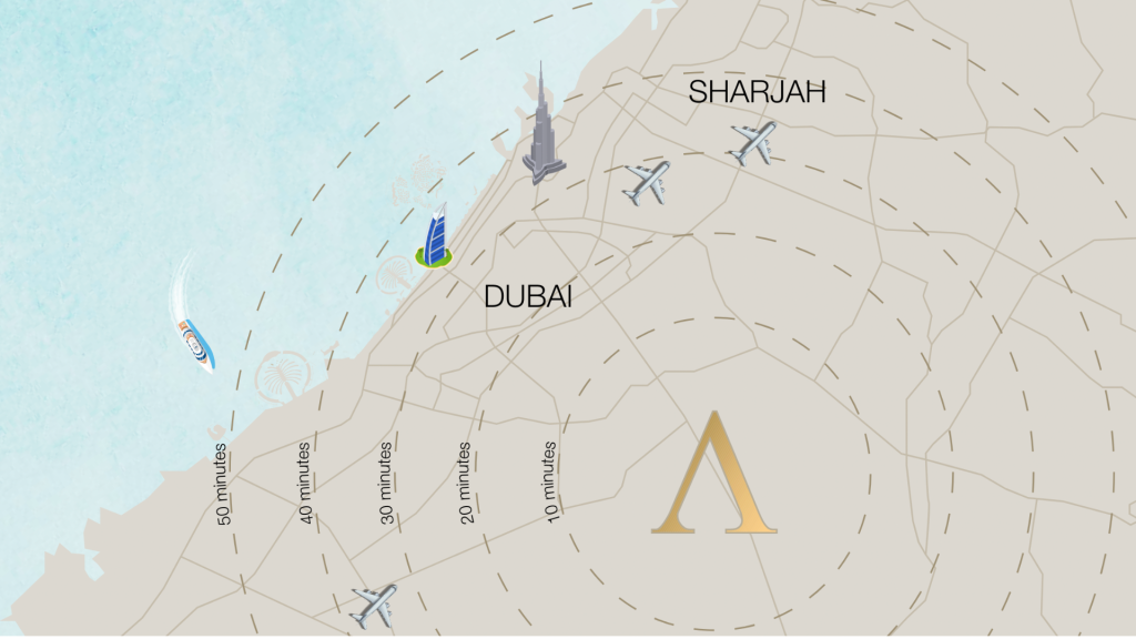 Carte montrant Dubaï et Sharjah avec des marqueurs indiquant les villas à Dubaï, entourés d'un graphique de rayon temporel en minutes.