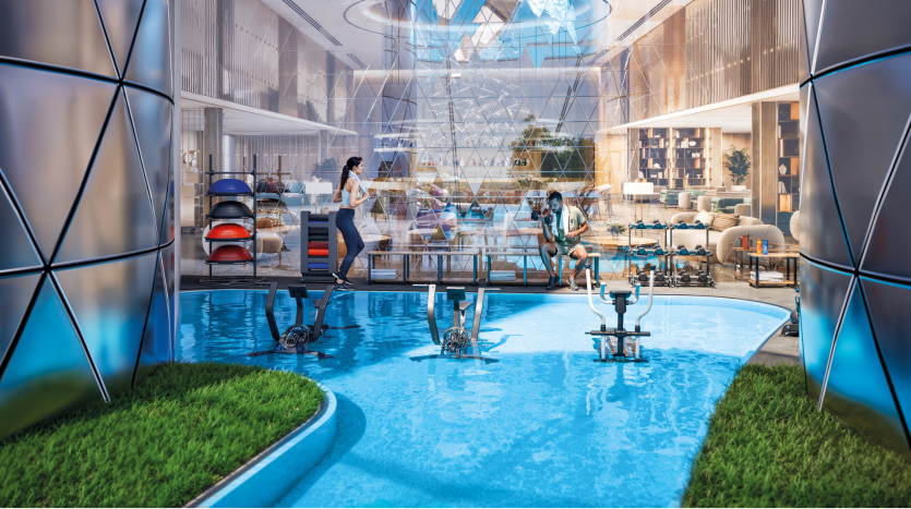 Une villa intérieure futuriste à Dubaï dotée d'une piscine peu profonde et d'une verdure luxuriante. Les gens interagissent et travaillent parmi des meubles éclectiques et des structures transparentes aux formes géométriques sous un grand dôme de verre.