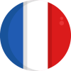Image graphique d'une icône circulaire représentant le drapeau français avec des rayures verticales bleues, blanches et rouges, symbolisant une villa exclusive à Dubaï.