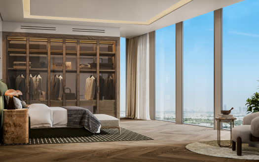 Ein luxuriöses Zimmer in einer Villa in Dubai mit einem großen Glasschrank, der Kleidung präsentiert, einem weichen grünen Bett und Panoramafenstern, die auf eine Stadtlandschaft blicken. Das Zimmer verfügt über eine moderne Einrichtung mit einer warmen und anspruchsvollen Atmosphäre.