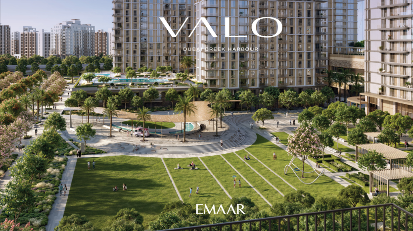 Rendu architectural de Valo, Dubai Creek Harbour par Emaar, montrant un parc verdoyant avec des gens relaxants, des immeubles de grande hauteur modernes et une élégante promenade au bord de l'eau dans le quartier privilégié de l'immobilier de Dubaï.