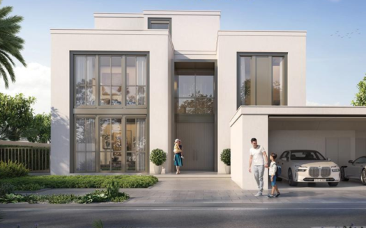 Une villa moderne de deux étages à Dubaï avec de grandes fenêtres, avec une famille de trois personnes et deux voitures garées dans l'allée. La maison est entourée d'une verdure bien entretenue sous un ciel dégagé.