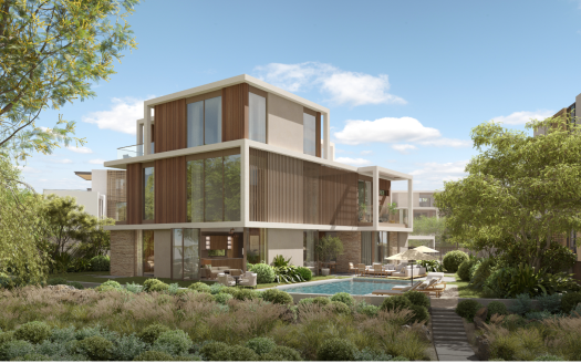 Conception de maison architecturale moderne à Dubaï comprenant plusieurs niveaux avec de grandes fenêtres, des accents en bois et des balcons, entourés d'une verdure luxuriante et d'une piscine bleu clair.