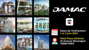 Un graphique promotionnel pour un événement DAMAC présentant diverses conceptions architecturales de bâtiments modernes, dont le prime immobilier Dubaï, et des paysages luxuriants, prévu les 1er et 2 juin 2024 à l'Hôtel Plaza Athénée à Paris.