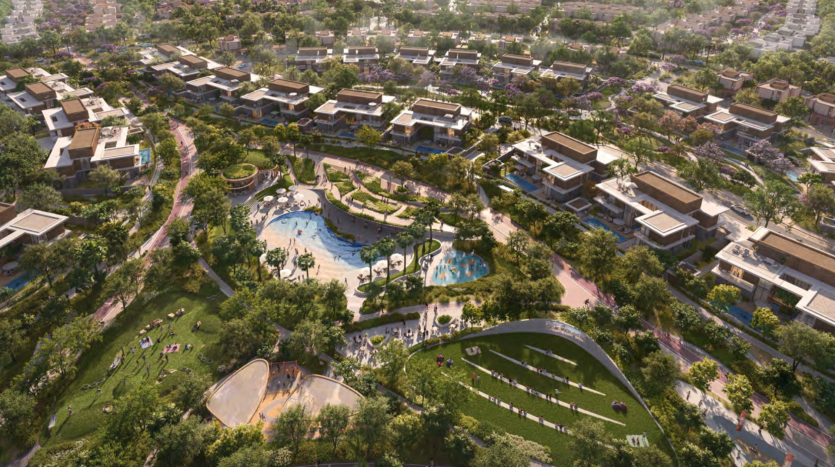 Vue aérienne d'un quartier résidentiel luxueux de Dubaï avec des villas modernes, une verdure luxuriante, des sentiers sinueux, une grande piscine et des personnes pratiquant diverses activités de plein air.