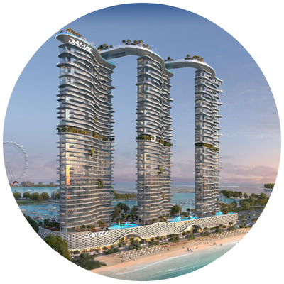 Uma representação digital de três torres contemporâneas com um design único em forma de onda, ligadas pelos seus telhados, situadas numa linha costeira. Existem espaços verdes nos telhados e nas varandas. Uma praia, uma roda gigante e uma fonte de água ao fundo.