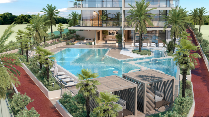 Une luxueuse piscine de style complexe entourée de palmiers luxuriants, comprenant une villa moderne de deux étages à Dubaï avec des murs en verre et des balcons donnant sur la piscine.