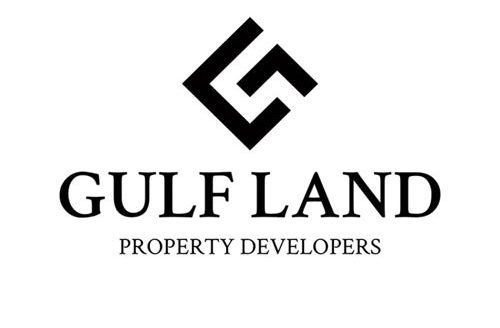 Un logo pour les promoteurs immobiliers Gulf Land. Le design présente un entrelacement géométrique des lettres « G » et « L » au-dessus du nom de l'entreprise en lettres majuscules grasses. Ci-dessous, « Property Developers » est imprimé en majuscules plus petites, soulignant l'identité de la marque Gulf Land.