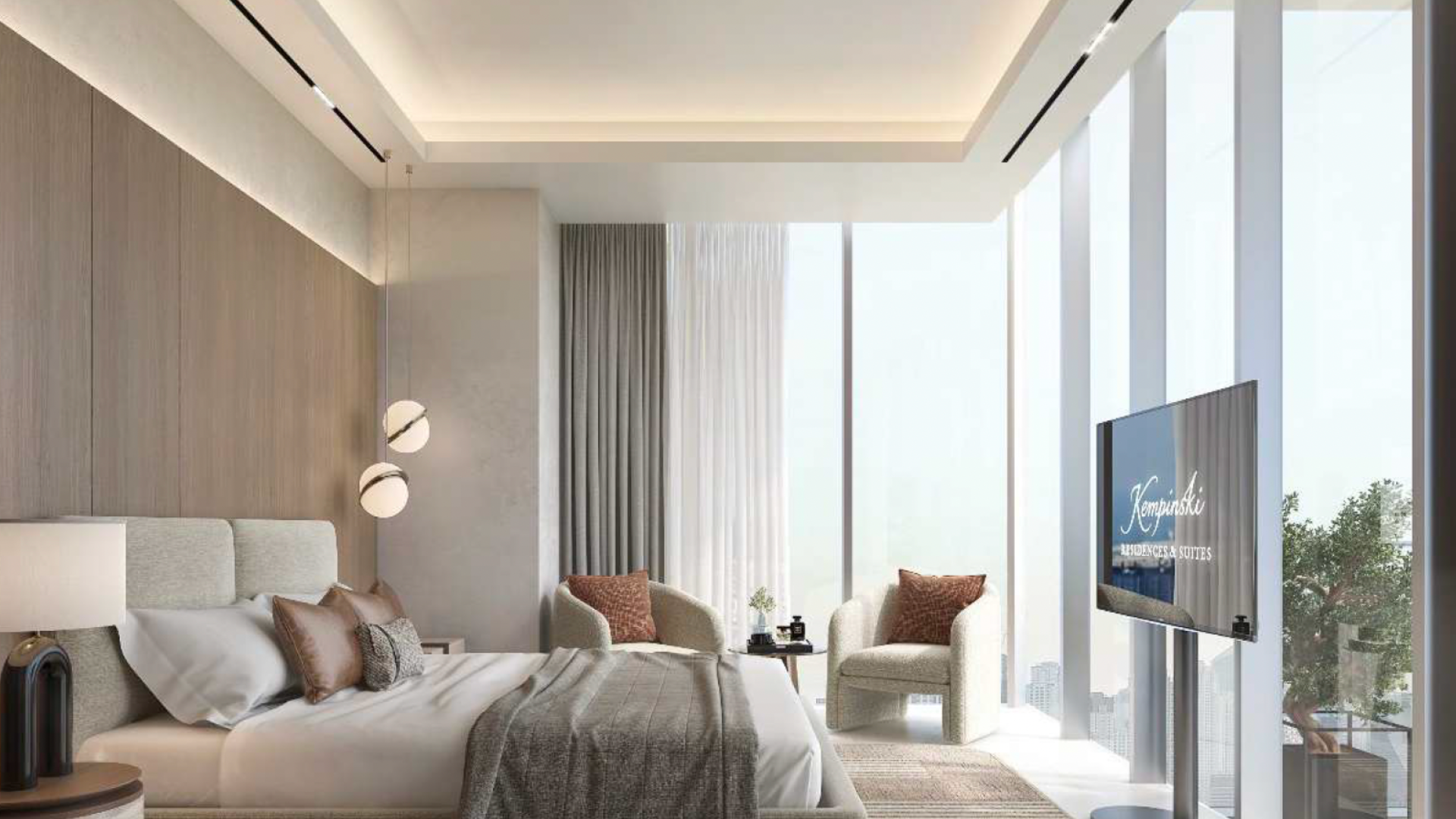 Chambre moderne dans un appartement de Dubaï avec de grandes fenêtres, un lit king-size, des panneaux en bois, des suspensions et une télévision murale. La pièce dégage une ambiance sobre et luxueuse avec une palette de couleurs neutres.