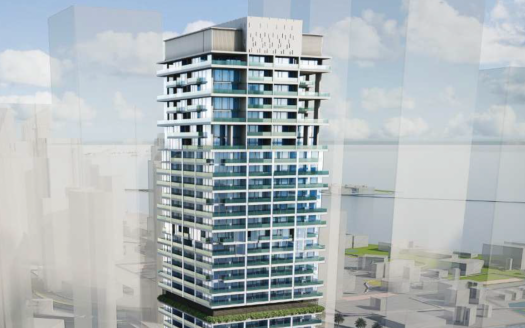 Un rendu architectural 3D d&#039;un appartement moderne de grande hauteur à Dubaï avec plusieurs balcons et extérieurs en verre, sur fond de ciel partiellement nuageux.