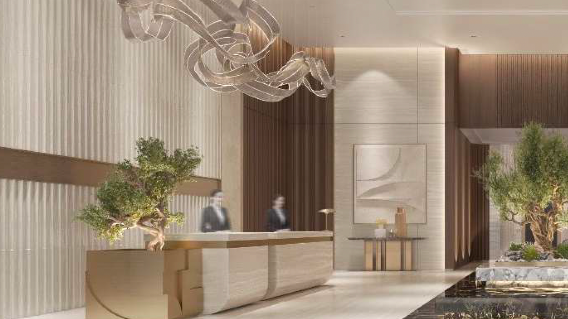 Lobby d'hôtel moderne avec un design intérieur élégant comprenant un grand luminaire sinueux, des panneaux en bois et un bureau de réception. Des chiffres flous indiquent un mouvement. Il y a de petits arbres et une œuvre d'art sur le mur qui rappelle le style des villas de Dubaï.
