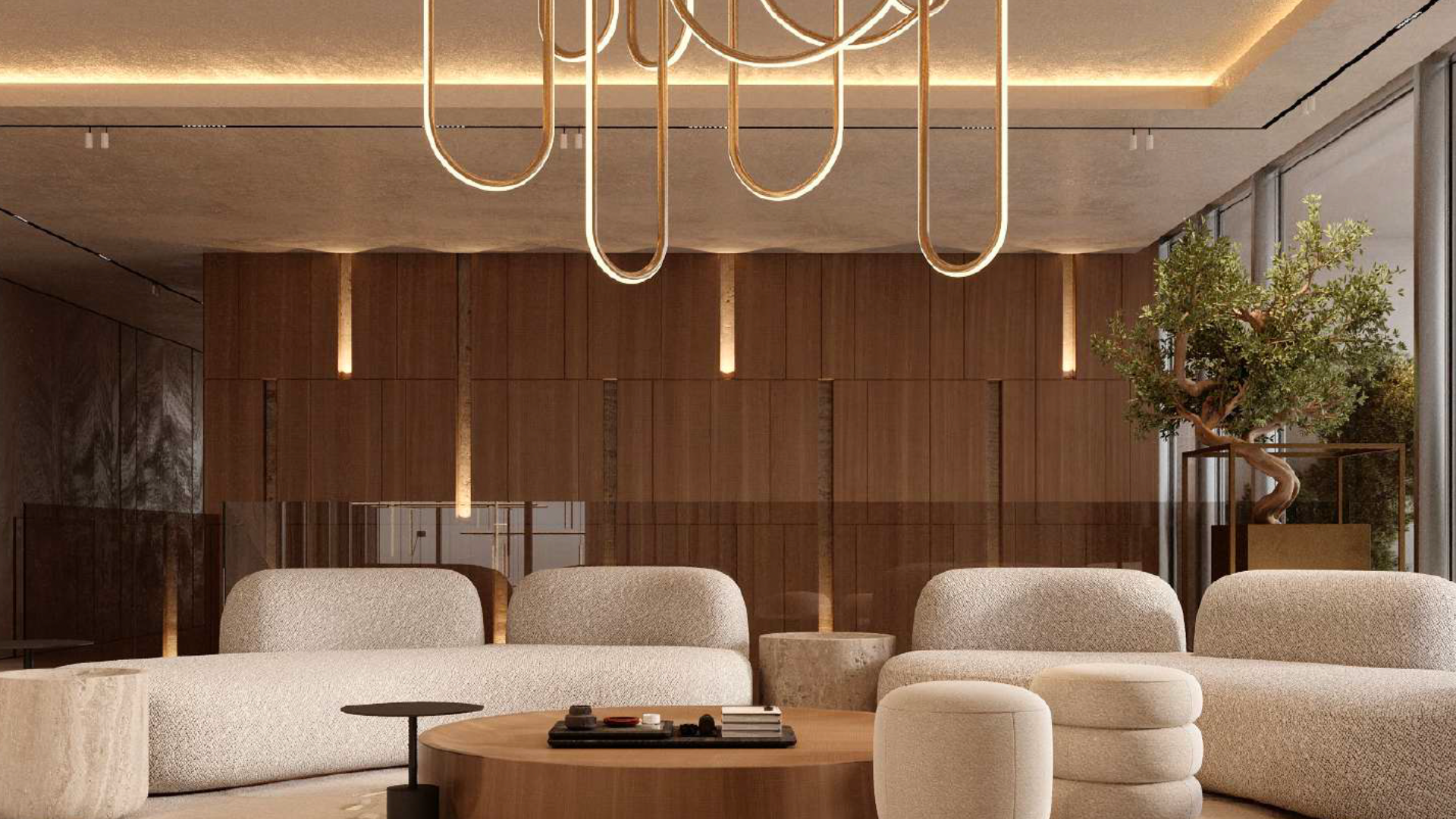 Salon moderne dans une villa de Dubaï avec de luxueux canapés beiges, des murs en bois et d'élégants lustres à boucles dorées. Un petit arbre en pot ajoute une touche de verdure à l'espace.