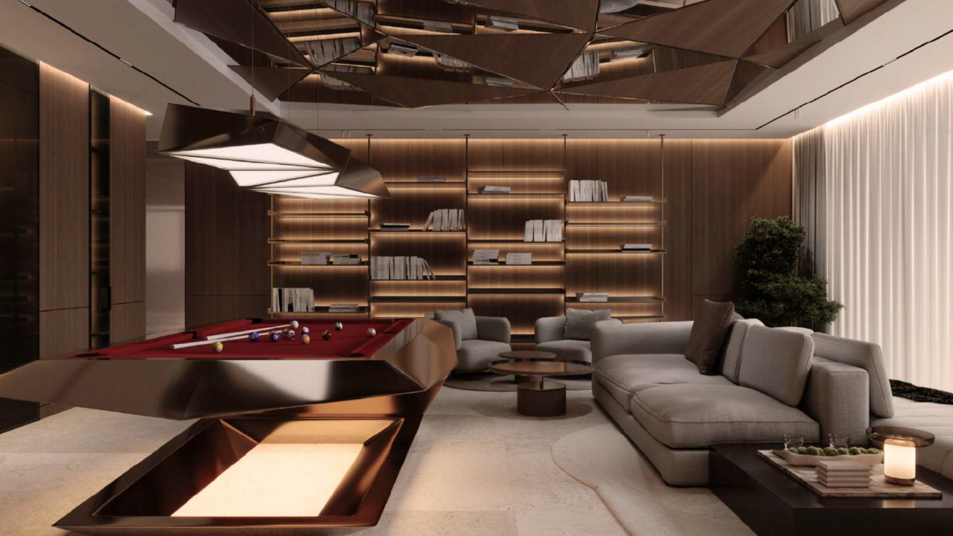 Un salon moderne dans une luxueuse villa à Dubaï comprend une élégante table de billard en feutre rouge surmontée d'un luminaire géométrique. La pièce dispose de sièges gris confortables, d'un mur avec des étagères éclairées et d'une grande plante. Le design contemporain comprend des boiseries et un plafond réfléchissant.