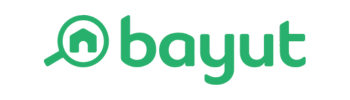 Bayut logo, featuring the word "bayut" in green lowercase letters. To the left of the text is a green magnifying glass icon with a house inside, symbolizing the search for property in Dubai. The background is transparent.