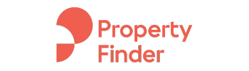 Property Finder logo. On the left is a red abstract geometric pattern consisting of two quarter circles and a half circle. On the right are the words &quot;Property Finder&quot; in red sans serif typeface. Inspired by the dynamic Dubai market, this elegant logo makes it easy to find and sell properties. The background is black.