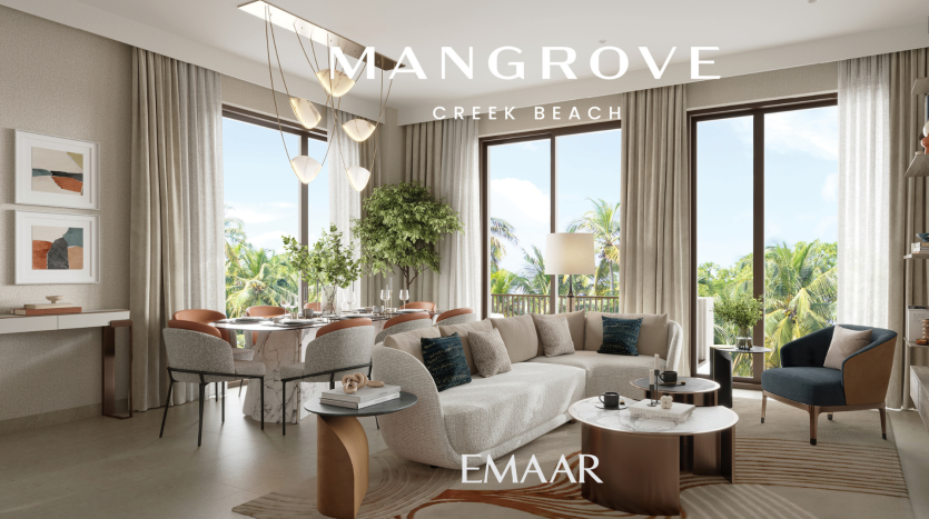 Un salon luxueux au décor moderne, comprenant un canapé, des chaises, un coin repas, de grandes fenêtres avec des rideaux, des lampes suspendues et une verdure tropicale à l&#039;extérieur, labellisé &quot;plage de mangrove creek par emaar&quot;.