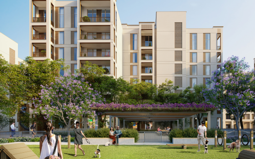 Immeubles d'appartements modernes avec balcons entourés de verdure luxuriante et d'arbres à fleurs violettes. des gens marchant et se reposant dans un parc communal animé avec des bancs et un sentier.