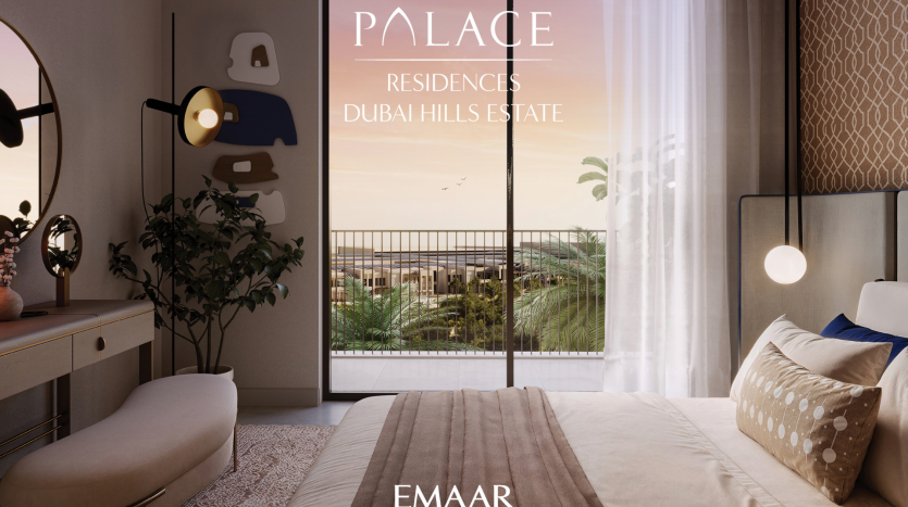 Intérieur de chambre moderne dans une villa surplombant Dubai Hills Estate avec un grand lit, un mobilier élégant et un balcon offrant une vue panoramique au coucher du soleil.